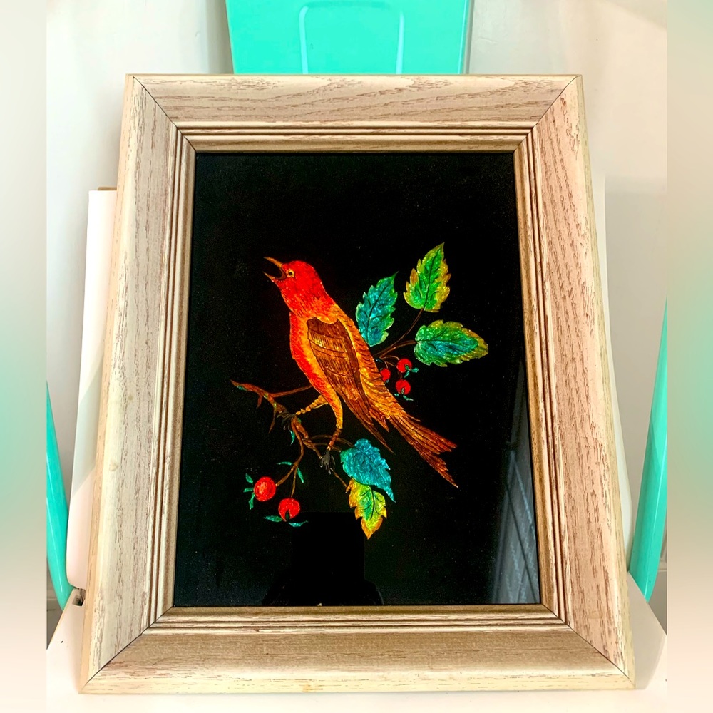 Vintage Framed Red Warbler On A Branch Tinsel Foil Folk Art